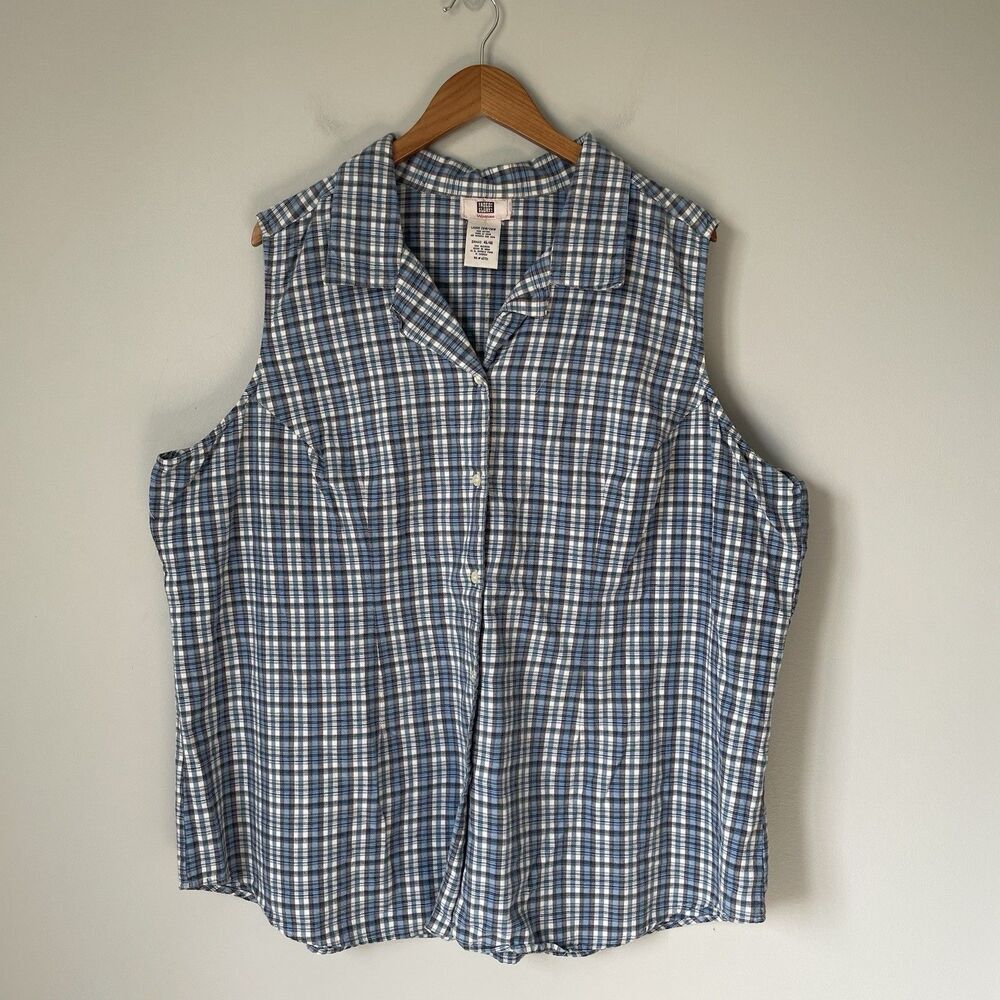Faded Glory Woman Vintage Plaid Button Down Tank Top Cottagecore Blue Size 26W